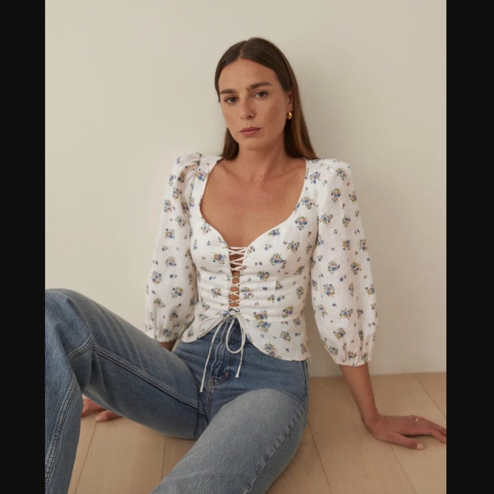 Reformation Barrett Linen Top Floral Print Linen Blaire Sz. 8 NWT